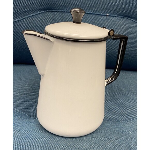 Vintage White Enamelware w/ Black Trim Cowboy Camping Coffee Pot Farmhouse Decor - Picture 2 of 4